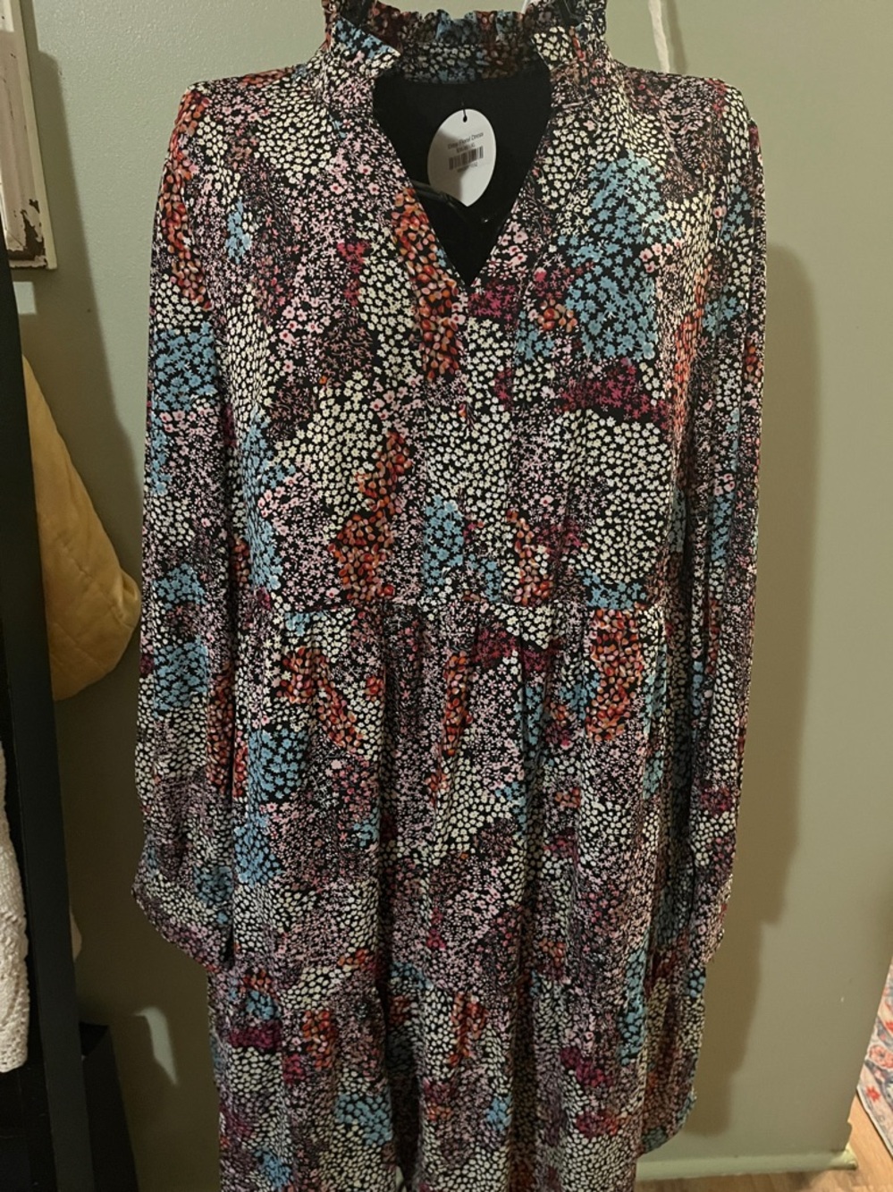 Tiny Floral Design Long Sleeve Smocked Neck Dress - Black Multi